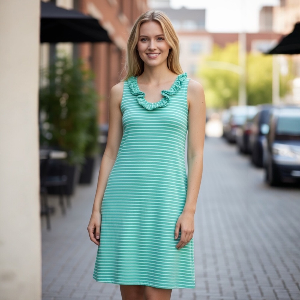 Talbots‎ Green White Stripe Sleeveless Ruffle Dress Size XS